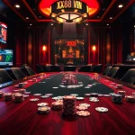 Experience a thrilling poker night at xx88 vin, featuring glamorous casino elements and intense gameplay.