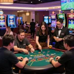 Engaging players experiencing the thrill of Nhà Cái 32win's casino environment with vibrant tables and gaming options.