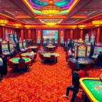 Players enjoying the garuda slot machines in a vibrant casino filled with excitement and luxury.