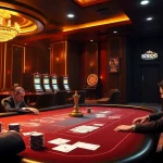 SODO66 casino table scene with players, cards, chips, and slot machines showcasing excitement and luxury.