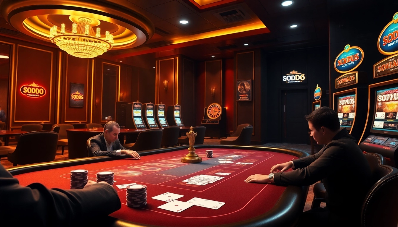 SODO66 casino table scene with players, cards, chips, and slot machines showcasing excitement and luxury.