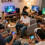 Engaged gamers enjoying porngames in cozy home environment, vibrant atmosphere of fun and interaction.