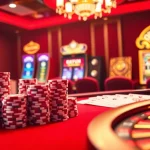 Gamble at the luxurious OKFUN casino with vibrant poker chips and glowing roulette wheel.