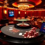 Exciting gaming scene at https://fnew88.com/ with poker tables and vibrant casino decor.