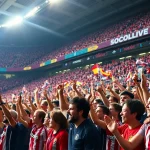 SOCOLIVE live soccer streaming scene with enthusiastic fans celebrating in a vibrant stadium.