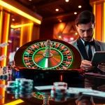 Professional gamers placing bets on Nhà cái casino Online with vibrant roulette and poker chips