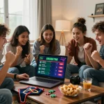 SBOBET88 sports betting scene with friends engaging around a laptop, showcasing live odds and excitement in a modern living room.