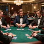 uu88 players strategizing in an exclusive poker game, elegant casino atmosphere