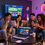 Exciting group of friends exploring UU88 COM online betting platform in a vibrant gaming room atmosphere.