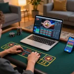 Engaging in online gaming at rikvip while using live dealer roulette on a laptop in a cozy home setting.