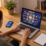 Engaging gameplay session on kdslot77 platform showcasing a laptop with vibrant slot games.