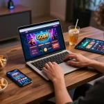 Engaged player enjoying GO88 casino gameplay on a laptop in a cozy home gaming setup.