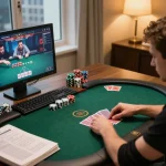 bcx88 player strategizing online poker game in a cozy home office setting