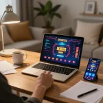 Pemain menggunakan aplikasi kasino DEWI123 di laptop, memamerkan permainan online yang strategis.