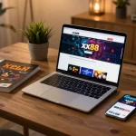 Enjoy immersive gameplay at xx88 with a cozy online casino setup featuring laptop and strategic materials.