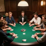 Players engaging in intense poker gameplay in an upscale setting, showcasing MM88 strategies.