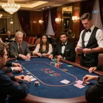 uk88 vip players enjoying an exclusive poker game with stacks of chips in a luxurious casino