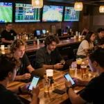 Engaged bettors analyzing tỷ lệ nhà cái during a sports betting event at a lively bar atmosphere