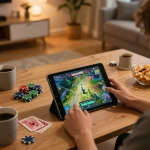 Engaging in online betting while downloading aplikasi mega888 on a tablet, cozy home atmosphere.