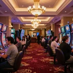 Sunwin players engaging with vibrant slot machines in a luxurious casino atmosphere, showcasing excitement and entertainment