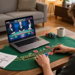 Engaging in live dealer baccarat on a laptop at home, showcasing kasino gameplay.