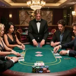 Engaged players enjoying poker at Luck8 casino, creating a vibrant gambling atmosphere.