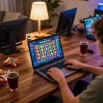 Player engaging with w4u online casino interface while enjoying a relaxed home atmosphere, showcasing dynamic gambling action
