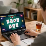 Engaging gameplay on Canada online casinos; player focused on poker strategy in a cozy home setting.