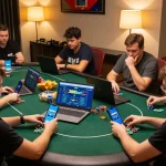 Players engaging with the nhà cái 388bet platform during an intense online poker game, showcasing strategic gameplay.