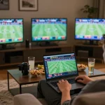 Socolive sports betting action, dynamic home setup with live matches, engaging atmosphere.