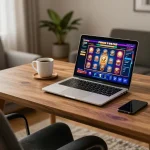 Berinteraksi dengan permainan slot pulsa di laptop dalam pengaturan rumah yang nyaman, menyoroti perjudian yang bertanggung jawab.