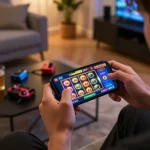 Engaged player enjoying the mega888 apk on smartphone in a cozy home environment