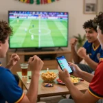 Engaged friends placing bets on mposport during an intense live football match in a lively home setting.