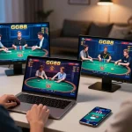 Engaged players strategizing in an online poker game at GG88, showcasing modern gaming setup.
