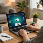 Player enjoying mposport online poker from home, laptop screen displaying gameplay and strategy notes.
