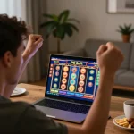Pemain merayakan kemenangan pada permainan slot PG Soft Demo Gratis di rumah, suasana yang hidup