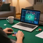 Engaging in online poker with CK444 on a laptop, showcasing a dynamic home gaming setup.