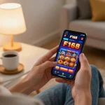 Engaging mobile gaming scene with a user experiencing F168 casino app on smartphone in a cozy home.