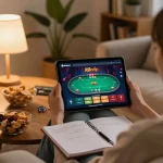 Engaging with Rikvip's online casino interface on a tablet during a cozy home gaming session.