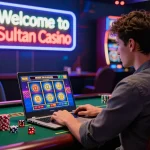 Player celebrating a win at Sultan Casino with chips and dice in a lively digital atmosphere.
