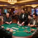 Players at RR88 blackjack tables analyzing their cards in a striking casino setting, showcasing luxury and excitement.