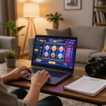 Engaging scene of a player enjoying tr88 online gaming on a laptop while managing bankroll in a cozy living room.