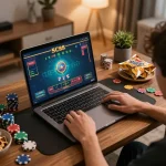 Player enjoying SC88 online casino gaming experience on a laptop with poker chips nearby.