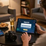 Pemain yang terlibat fokus pada login Ulat123 untuk perjudian online, tablet menampilkan opsi taruhan, suasana rumah yang nyaman.