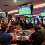 Engaged sports bettors placing wagers at OKFUN's vibrant lounge with live odds