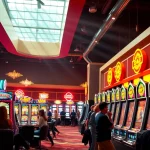 Erlebe aufregende casino-spiele de mit lächelnden Spielern und leuchtenden Spielautomaten.