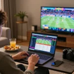 Person analyzing betting odds on MMOO sportsbook while enjoying snacks in a cozy living room.