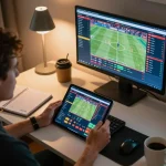 Soi Kèo betting strategy displayed on multiple screens at a modern home desk, engaging sports betting atmosphere.