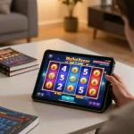 Engaged player enjoying slot pulsa gaming on a tablet in a cozy home setting