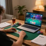 sunwin player engaged in online poker game with chips and strategy notes visible